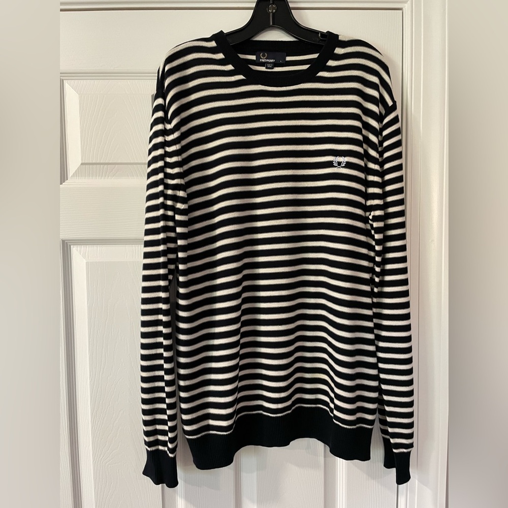 Fred Perry Black and White Striped Crewneck Sweater